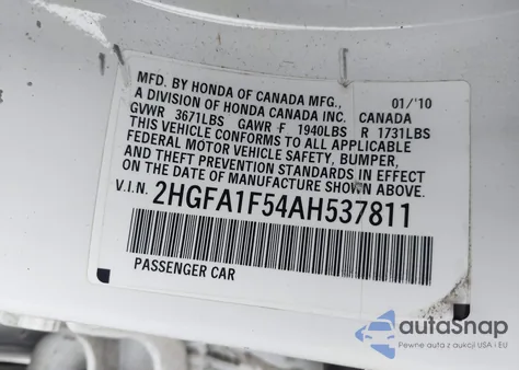 2010 Honda Civic Lx z USA, uszkodzony, nr VIN 2HGFA1F54AH537811